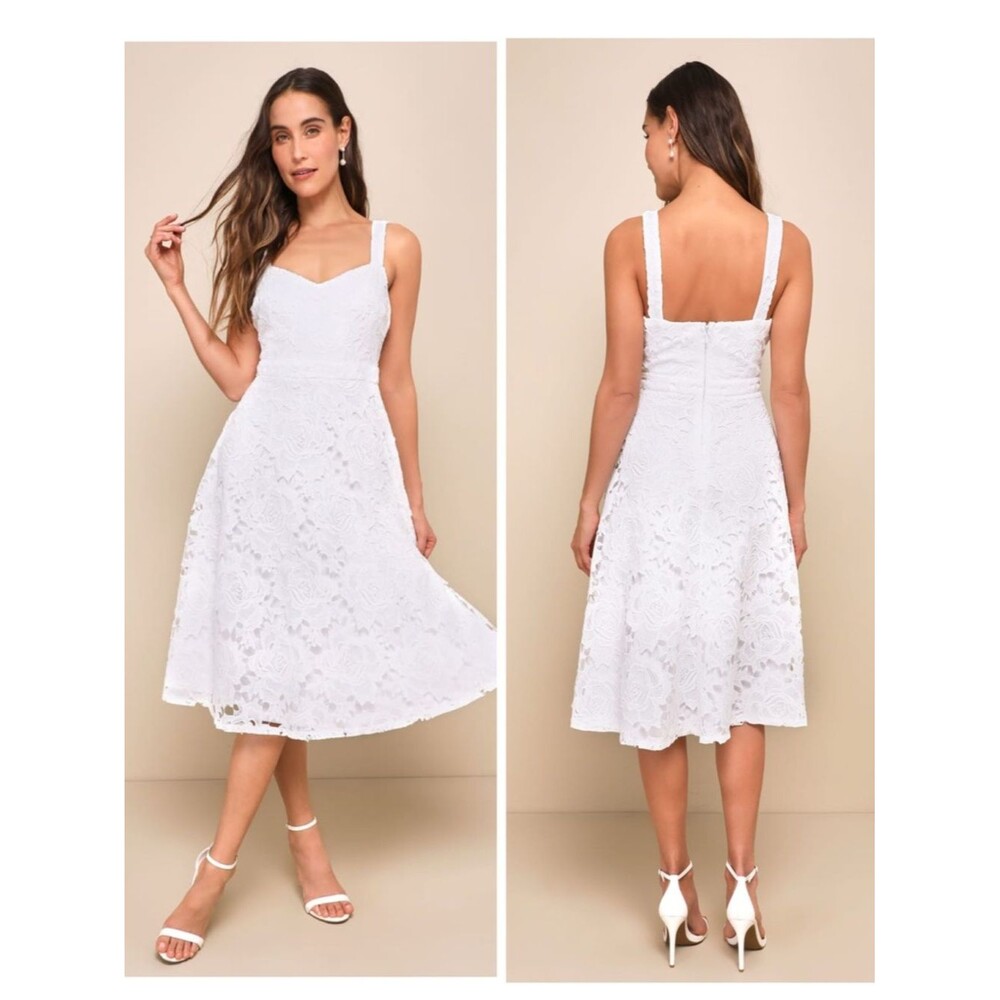 Lulus Divine Beauty White Lace Midi Dress With Pockets Size XS NWT Bridal Beach